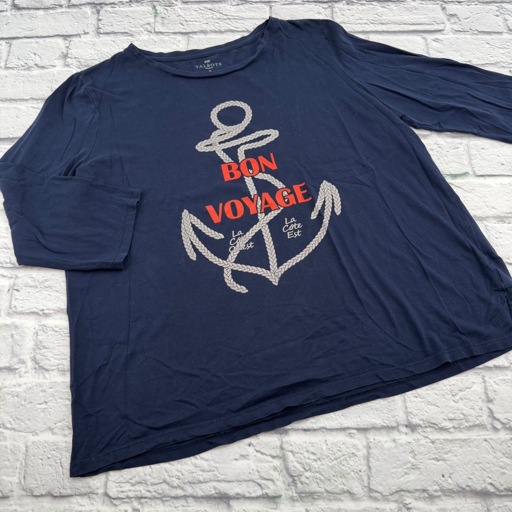 Talbots Woman Navy Blue Bon Voyage Anchor Pima Cotton Shirt 1X 3/4 Sleeve